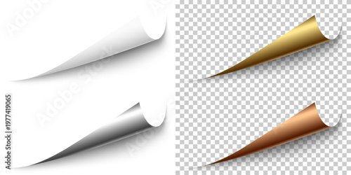 Set of white, silver, golden and bronze horizontal paper corner rolled up with soft shadow on white and transparent background. Vector page corner curled up. Realistic design element.