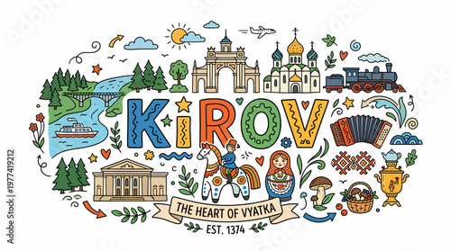 Kirov Cityscape Doodle Art with Landmarks and Russian Culture Icons