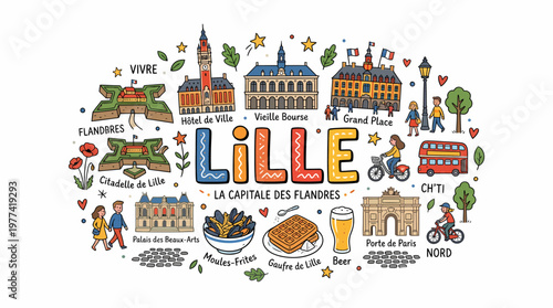 Lille Cityscape: Famous Landmarks, Culture, and Food Illustration