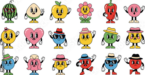 Set of 16 Cute Character Illustrations Featuring Fruits, Flowers, and Accessories with Happy Expressions for Kids