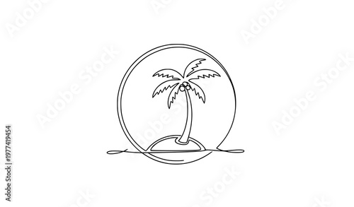 One line palm tree island badge icon minimal tropical circle outline vector illustration