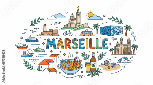 Marseille France Cityscape Doodle Art with Landmarks and Food