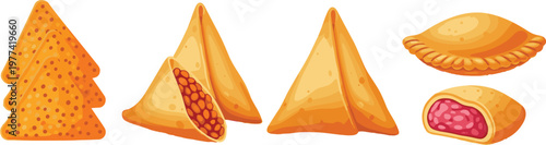 Indian snacks samosa and kachori collection crispy street food cartoon vector illustration set of traditional savory dishes isolated on light background