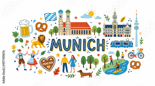 Munich illustration with landmarks, people, and symbols