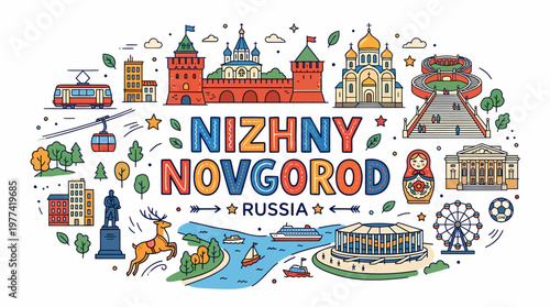 Nizhny Novgorod Skyline, Russia - Famous Landmarks Doodle