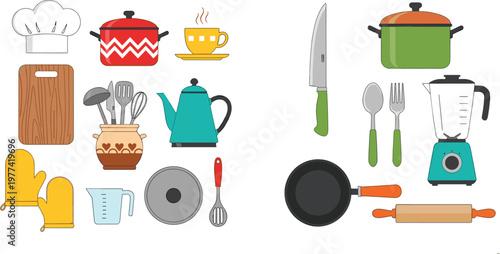 Kitchen utensils and cooking tools collection vector illustration with pots, pans, knife and appliances, home cooking equipment set for culinary design and food themes