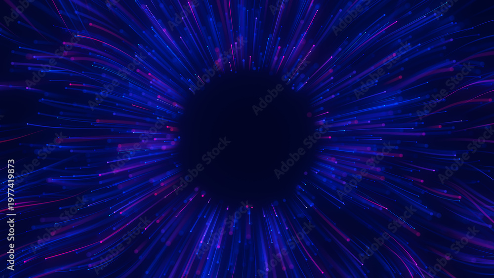 Obraz premium Big data light speed flow outwards center. Abstract digital data stream of quantum computing. Cyberspace of qubit trail waves. Modern tech information transmission. Ai neural network