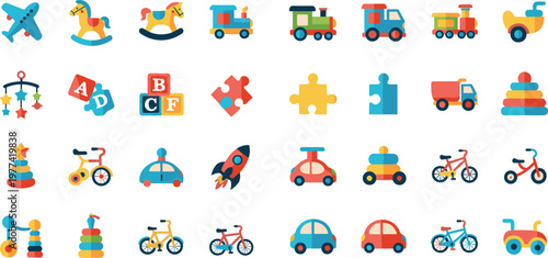 Kids toys collection vector illustration with colorful play items, cars, blocks, puzzles and transport toys set for children design and nursery themes