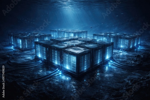 Futuristic data center server farm with glowing blue lights in dark cyber environment