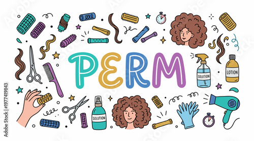 Perm Hair Styling Tools and Supplies Vector Illustration