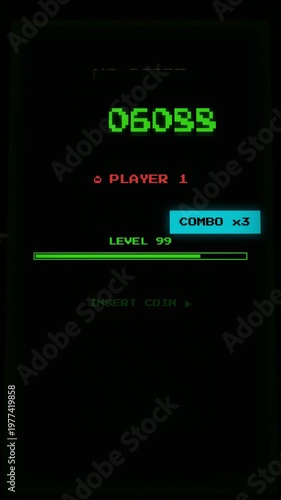 Retro arcade style high score scoreboard with bright green pixelated digits and neon scanline background featuring classic gaming elements and combo effects