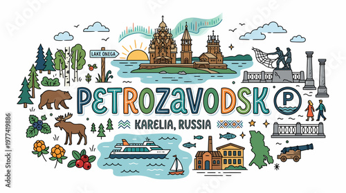 Petrozavodsk, Karelia, Russia - Doodle Cityscape with Landmarks