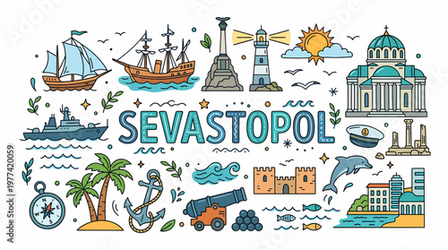 Sevastopol Cityscape Doodle Art: Landmarks, Ships, and Sea Life