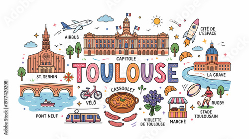 Toulouse France Cityscape Doodle Art - Landmarks & Icons