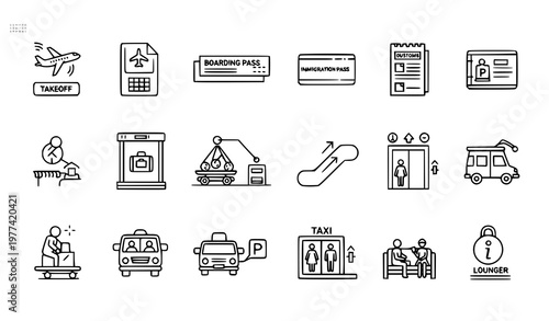 Isometric airport travel icons collection with navigation symbols for transportation systems and tourism design