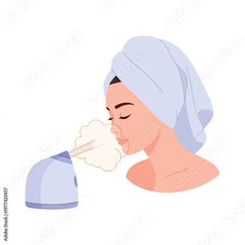 Woman enjoying facial steam treatment with a facial steamer device.