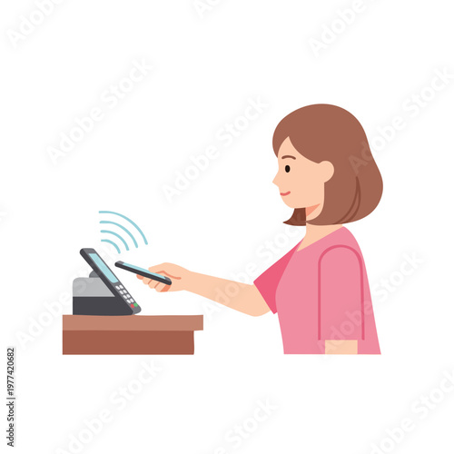 Woman making contactless payment with smartphone at terminal.