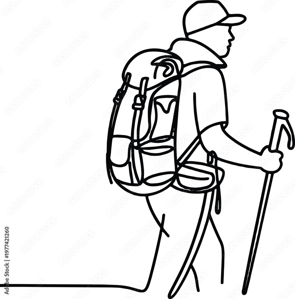 Fototapeta premium A hiker with a backpack and trekking poles walking on a trail outdoors