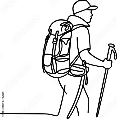 A hiker with a backpack and trekking poles walking on a trail outdoors