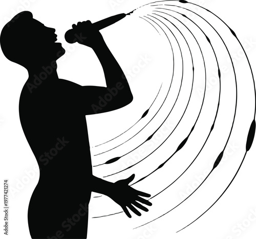Black silhouette of a man passionately singing into a microphone outdoors