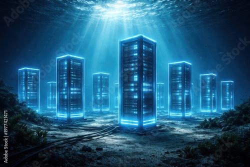 Futuristic cityscape with glowing server towers and digital data streams at night