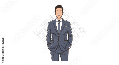 Smiling businessman in blue suit and tie standing confidently