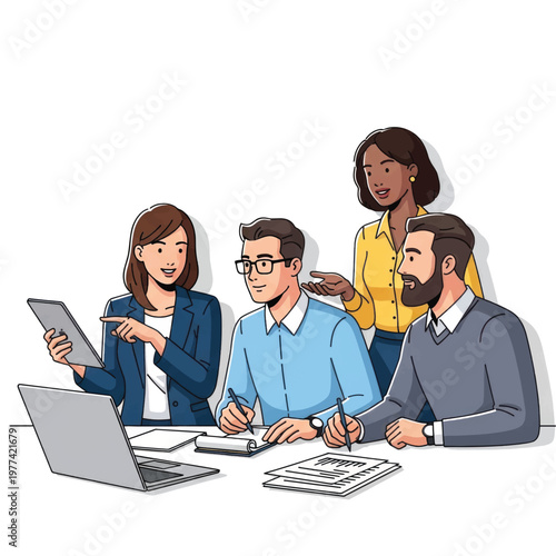 Diverse team collaborates during a business meeting with laptops, papers, and attentive colleagues.