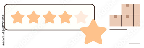 Customer feedback, shipping services, retail business, e-commerce, product reviews, online shopping. Five-star rating system and stacked boxes. Customer reviews and shipping services concept