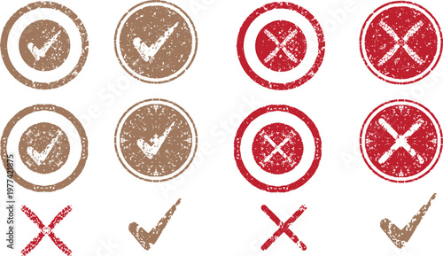 Check mark and cross stamps, vector illustration set for approval and rejection symbols.