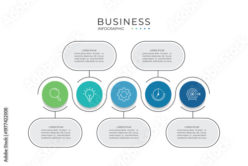 Business circle infographic template. Timeline with 5 options, steps, or processes. Business presentation. Creative design with marketing icons. Vector illustration.