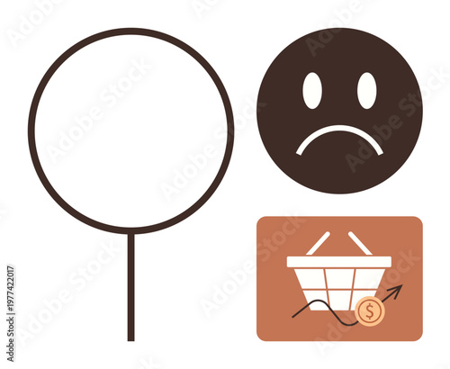 Economic challenges, consumer behavior, inflation, financial struggles, market trends, retail economy. Sad face, blank circle and rising basket graphic. Economic challenges and financial struggles