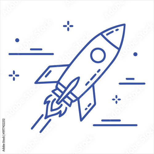 Rocket ship launches into space representing rapid business growth and successful development.