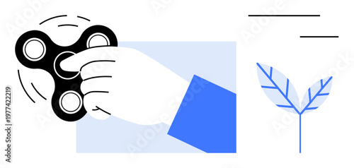 Stress relief, relaxation, focus enhancement, mindfulness, balance, hobbies. A hand spinning a fidget spinner and a stylized blue leaf. Stress relief and relaxation concept