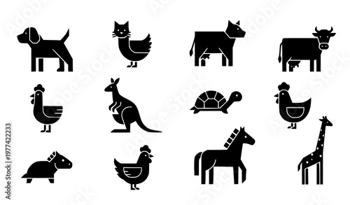 Minimal animal silhouette set dog cat cow chicken kangaroo turtle horse giraffe vector illustration