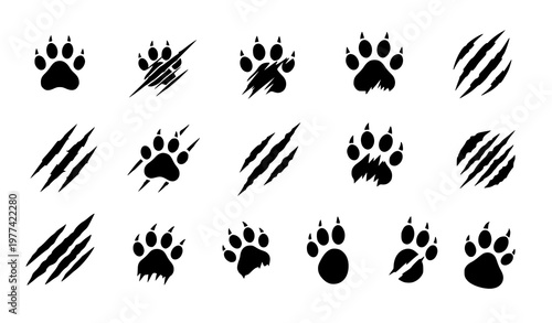 A set of black paw prints and claw marks on a white background