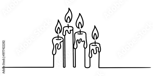 A minimalist black and white line art drawing featuring four lit candles in a continuous style. Vector, illustration
