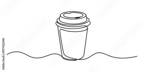 A minimalist single continuous line drawing of a disposable coffee cup on a plain white background Vector, illustration