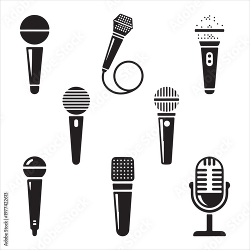 Collection of various microphone silhouettes for sound recording and broadcasting purposes.