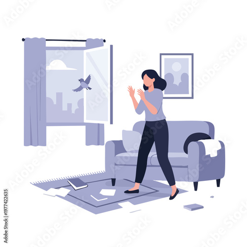 Woman Reacts to Bird Flying Indoors Through Open Window.