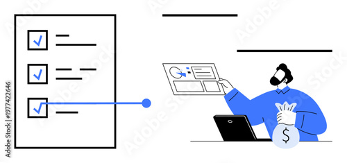 Financial planning, budget organization, task management, digital tools, project tracking, cash flow. A person holding a bag of money and pointing to a checklist and data. Financial planning