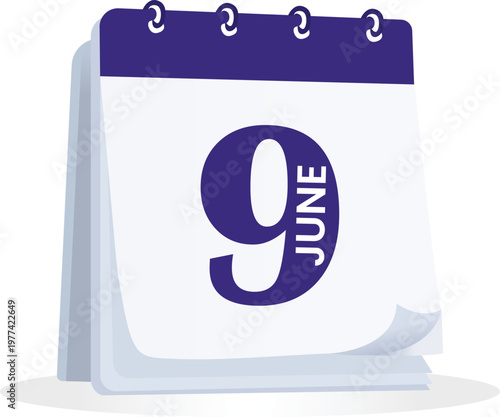 June 9 Calendar Icon with Purple Desk Flip Design, Minimal Date Reminder Illustration for Schedule Planning, Event Organizer Concept, Clean Modern Vector Style