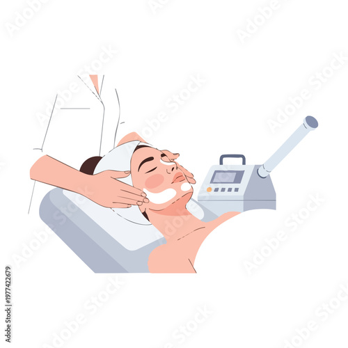 Woman receiving facial steam treatment from beautician.