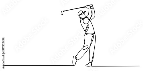 A single continuous line drawing of a professional golfer swinging a club during a golf match Vector, illustration
