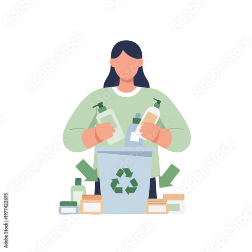 Woman recycling plastic bottles and containers into a bin.