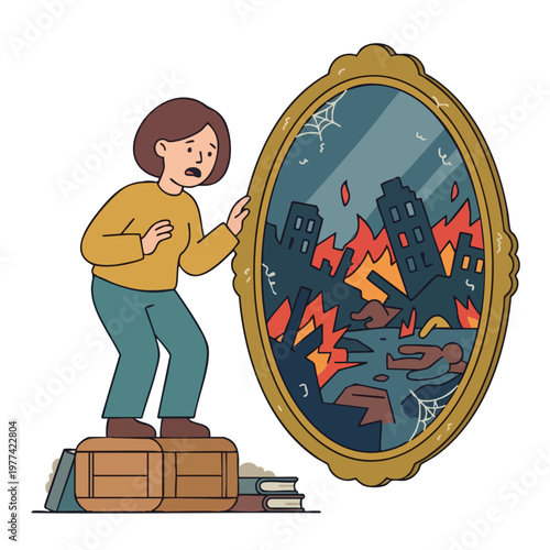 Woman shocked by reflection of burning city in mirror.