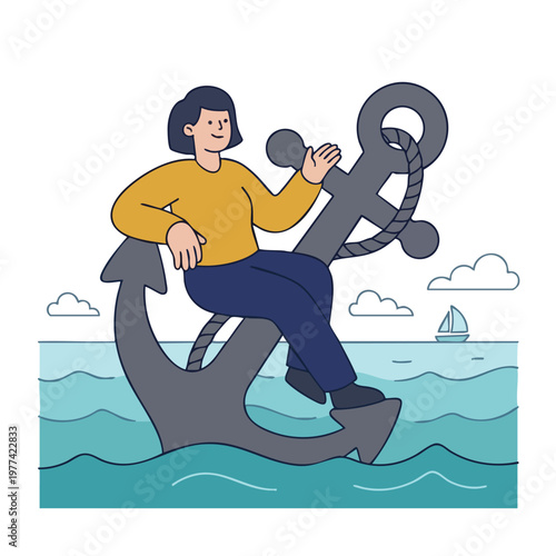 Woman Sitting On A Large Anchor In The Ocean.