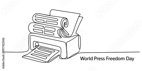A single continuous line drawing of a printing machine producing newspapers for press freedom day Vector, illustration