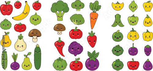Cute fruits and vegetables cartoon collection vector illustration with smiling food characters, healthy organic produce set for kids design and nutrition themes