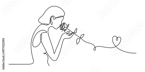Minimalist continuous line art drawing featuring a young woman gently smelling a blooming rose Vector, illustration