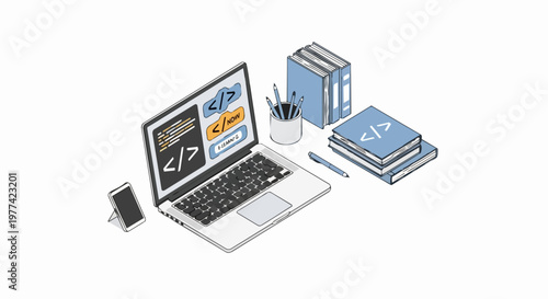 Isometric Illustration of E-learning and Coding Concept with Laptop, Books, and Smartphone for Software Development and Online Education